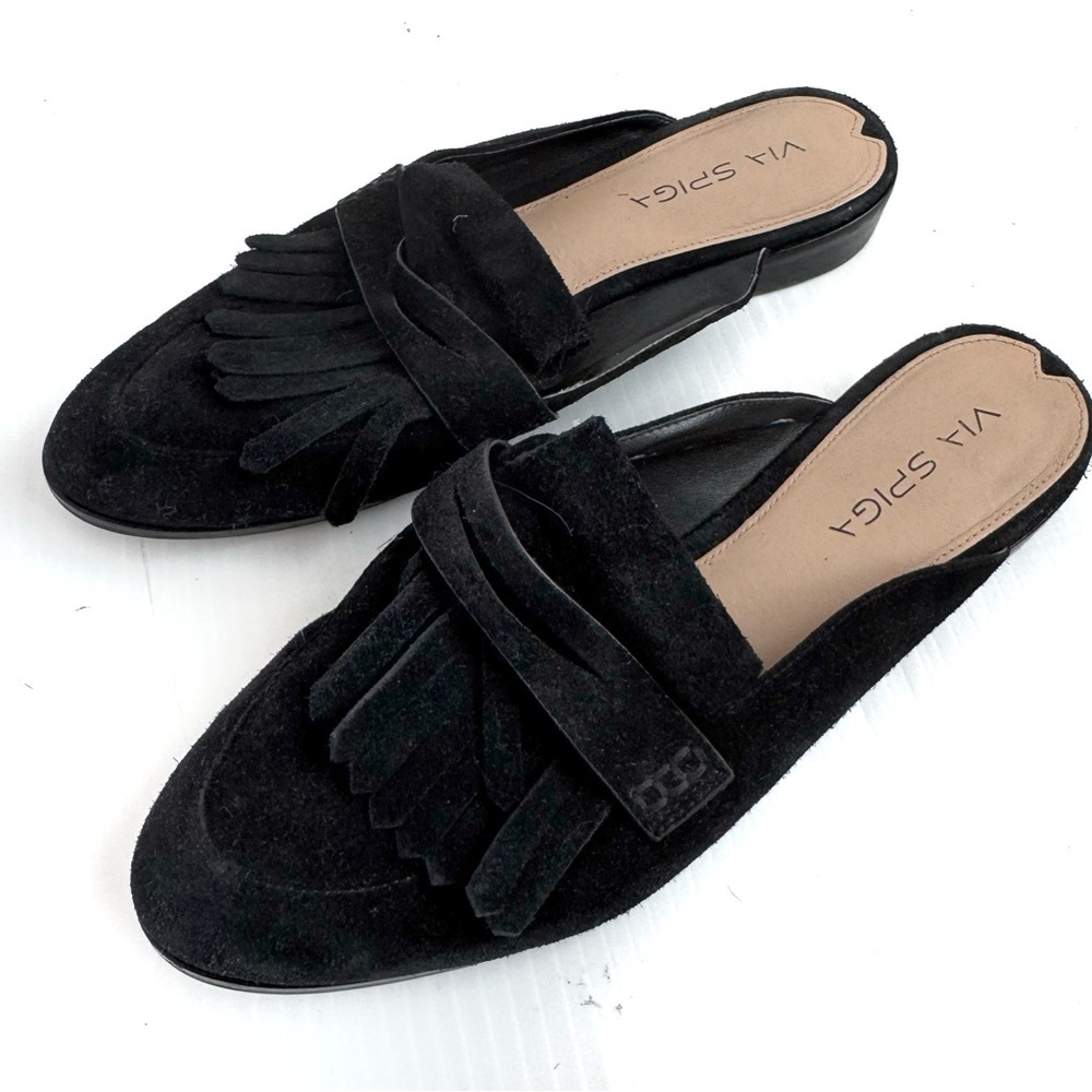 Via Spiga Black Suede Mules with Fringe Detail